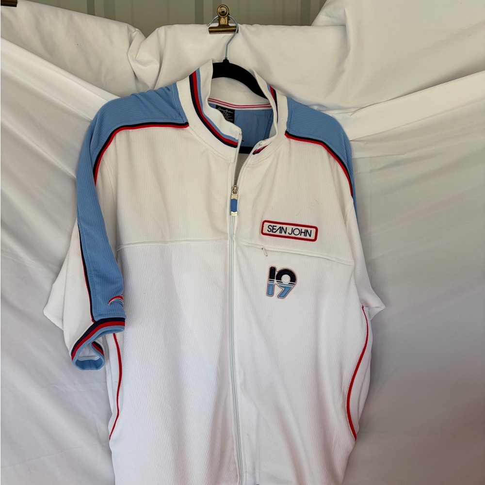Sean John White with Light Blue & Red Trim Athletic Zip Polo